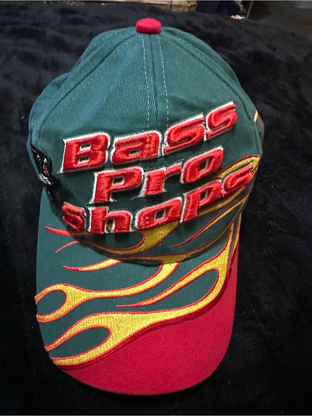 Bass Pro Shops Teal Cap with Red Bill and Yellow Flame Embroidery